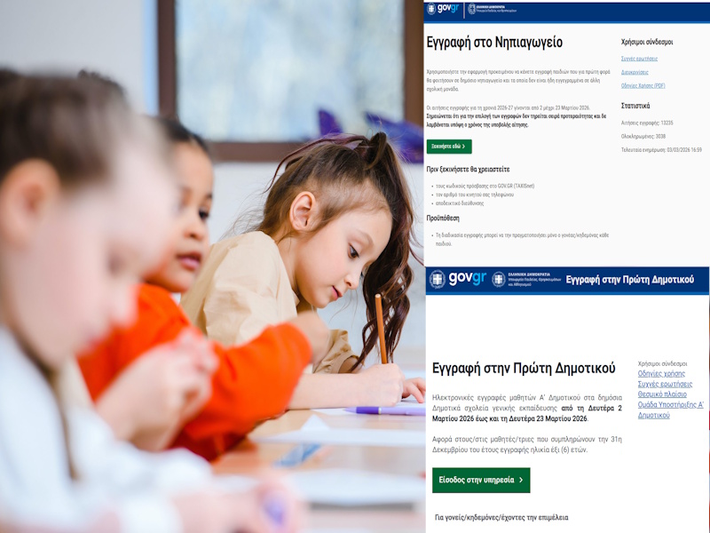 Σε πλήρη λειτουργία οι πλατφόρμες για την εγγραφή σε νηπιαγωγεία και δημοτικά